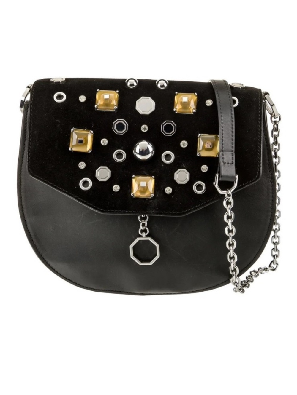 LOUISE ET CIE, Black Leather Jeweled Crossbody Bag with Stone & Stud Accent